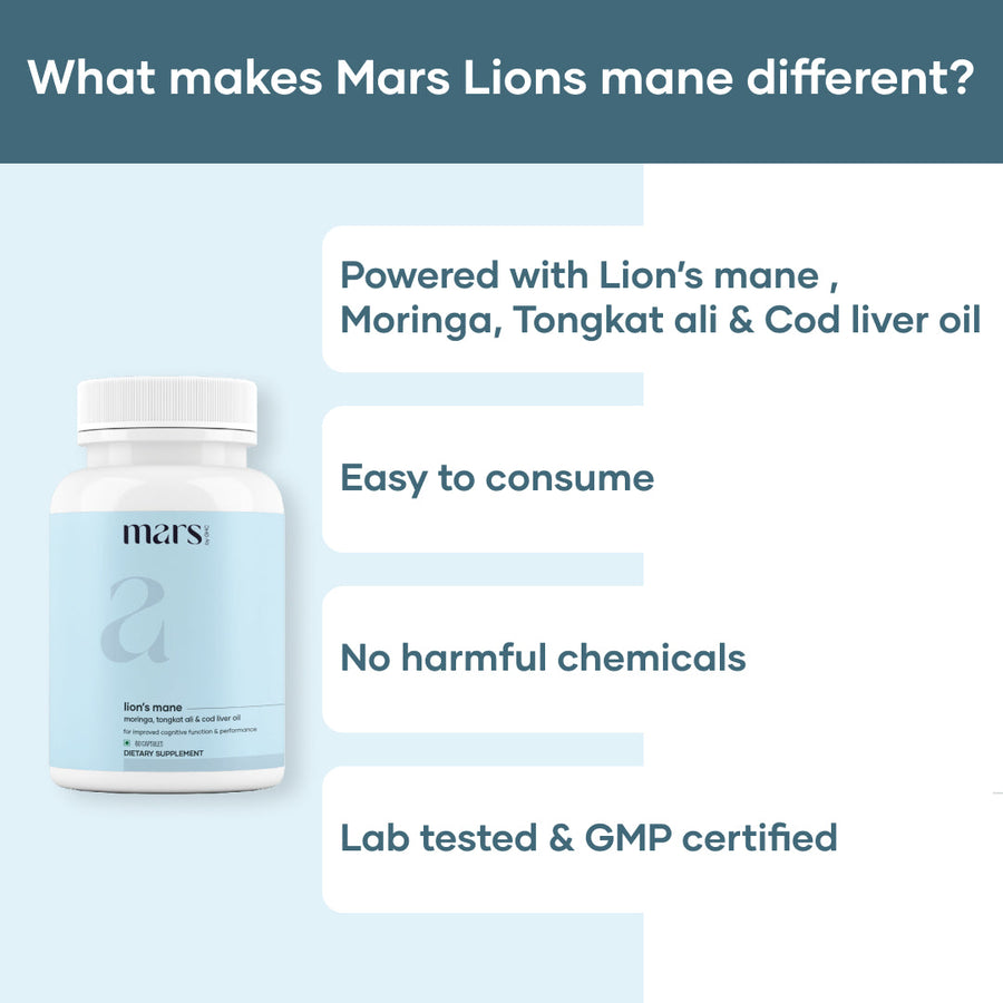 Mars Pure Lion's Mane Caps: Powered with Moringa, Tongkat Ali & Cod Liver Oil (60 N)